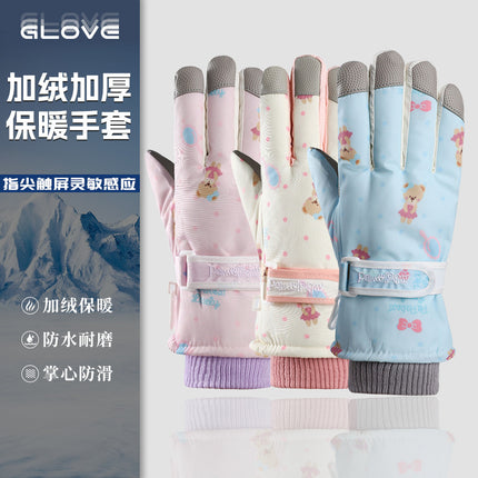 Wholesale Women's Cartoon Velvet Ski Gloves Winter Outdoor Windproof and Cold-Proof Warm Gloves Waterproof and Non-Slip Gloves