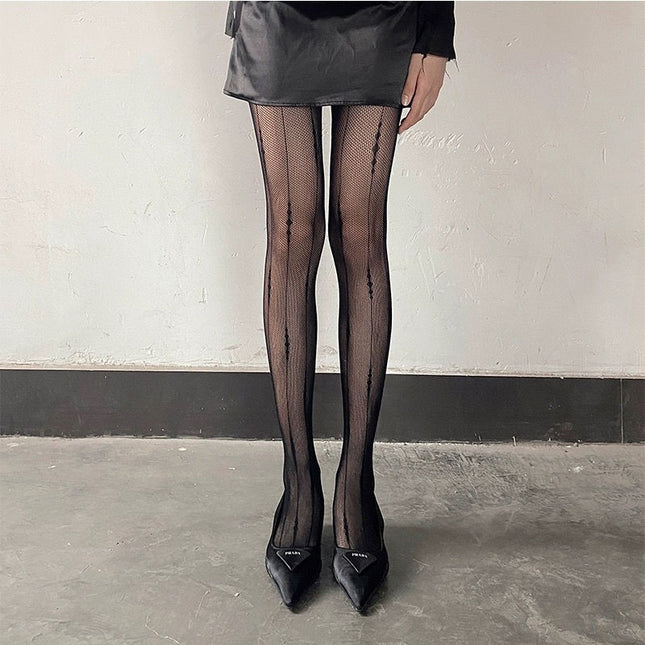 French-Style Sexy Geometric Lace Retro Jacquard Erotic Fishnet Stockings Line Spicy Girl Cool Style Black Silk Base Pantyhose