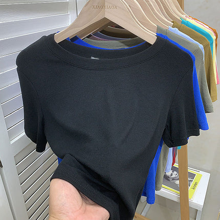 European New plus size Solid Color Loose Elastic Thread Short-sleeved T-shirt Women's Base Shirt Top Fashionable Green Shirt