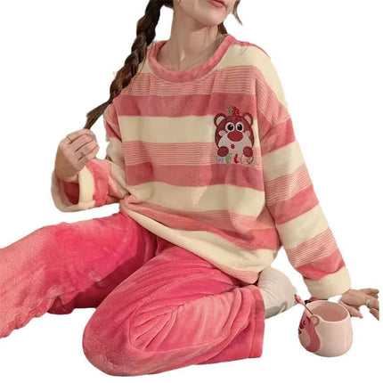 2024 New Autumn and Winter Coral Velvet Cartoon Stripesd Women's Pajamas Thickeneded and Wearable Home Wear Set
