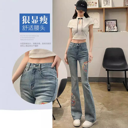 New Chinese Style Embroidered Flared Jeans for Women, Spring and Autumn New High-Waisted Slimming Stretchy Extended Bootcut Pants