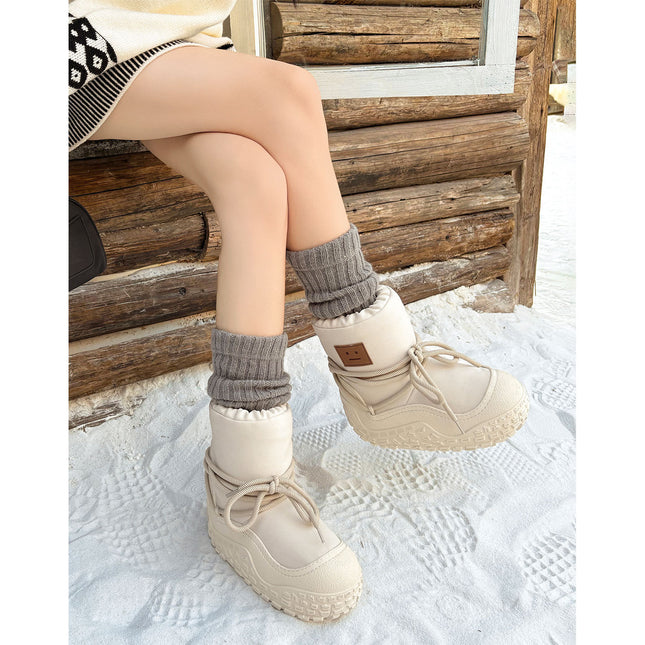 Chubby Space Snow Boots for Women 2025 Winter Plush Thickened Waterproof Thick-Soled Smiley Face Long Tube Cotton Shoes Short Boots