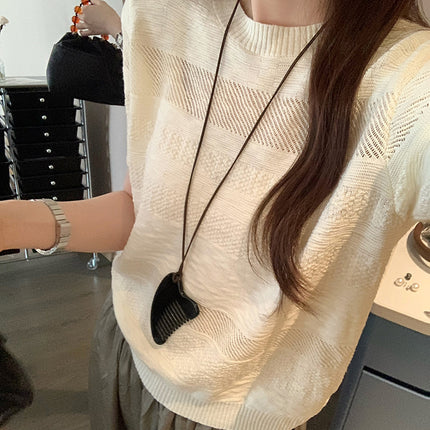 Hollow Chic Splicing Design Round Neck Short-Sleeved T-Shirt for Women 2025 Summer Commuting Versatile Knitwear Top