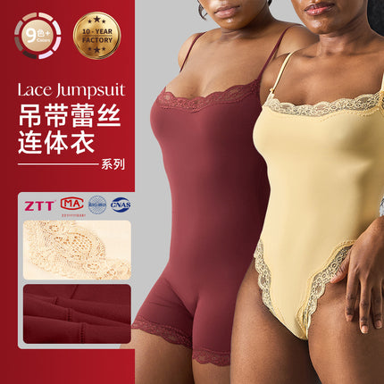 Sexy Pure Lust Style Lace Trim Bodysuit for Women, Skin-Friendly Nude Feel Inner Wear with Straps, Double-Layer Shapewear, European and American Style