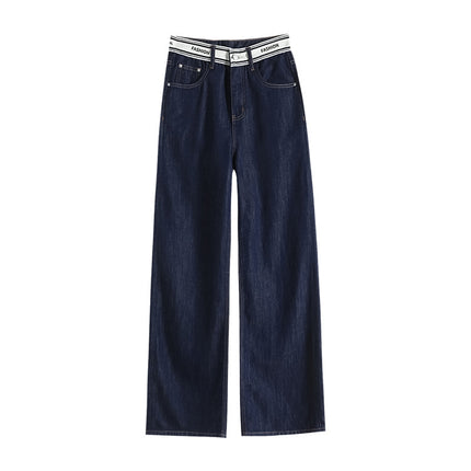 8827 dark blue Ice Silk Straight-Leg Jeans Women's Summer Thin Stitching Letter Waist Drape Wide Leg Trousers