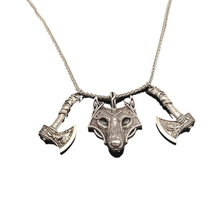 Cross-border explosions retro Norwegian style Nordic Viking Celtic wolf head double axe pendant necklace jewelry wholesale