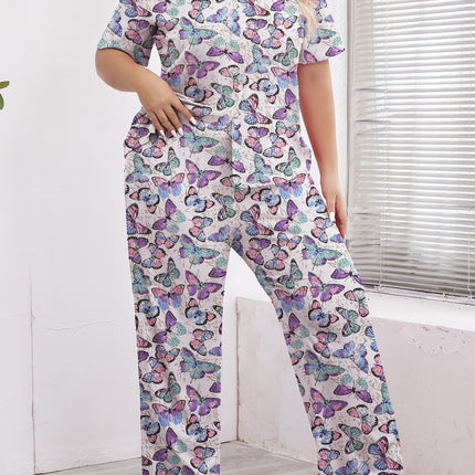 Cross-border Foreign Trade Wholesale plus size Pajamas Women's Spring and Autumn Short-sleeved Trousers Loose Butterfly Printed Home Clothes suit