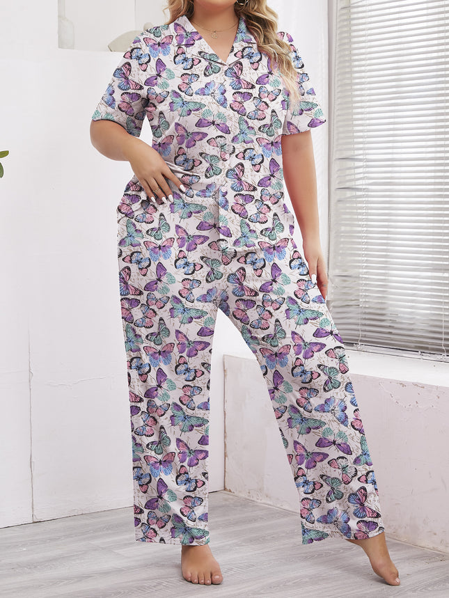 Cross-border Foreign Trade Wholesale plus size Pajamas Women's Spring and Autumn Short-sleeved Trousers Loose Butterfly Printed Home Clothes suit