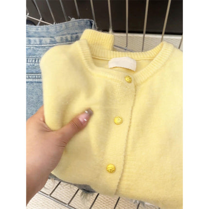 CHAO class recommend! White cream retro small gold button round neck soft waxy knitted cardigan sweater women's autumn and winter