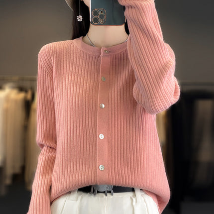 Spring and Autumn New Round Neck Cashmere Cardigan Women's Loose Casual All-match Long Sleeve Sweater Fashionable Elegant Outer Jacket