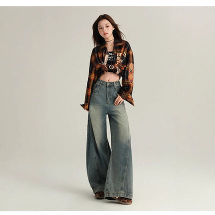 Amazon European and American Style Cross-Border American Retro Washed Distressed Denim Scimitar Pants for Women Loose Wide-Leg Casual Pants