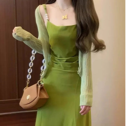 2025 New Summer Vacation French-Style Spaghetti Strap Green Dress Trendy High-End Elegant Stunning Super Fairy Dopamine