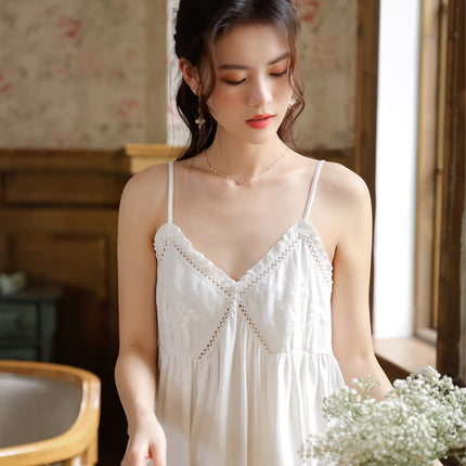 Pure Cotton Suspender Nightgown for Women, Summer French Style Sexy Lace Pure Desire Long Nightgown with Breast Pads, Can Be Worn Outside as Home Wear