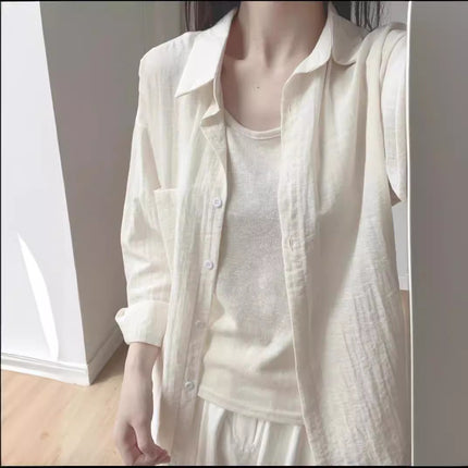 Looking forward to summer ~ French cotton and linen sunscreen shirt women's cotton and linen thin shirt high-grade anti-wrinkle long sleeve coat
