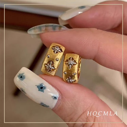 Cross-Border French Vintage Brushed Diamond Eight-Pointed Star Earrings with Niche Design and Hollow Four-Leaf Clover Hoop Earrings