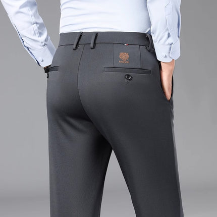 Tiger Head Embroidered Men's Casual Trousers Summer Business Dress Suit Pants Loose Straight Ice Silk Thin Pants