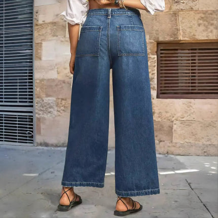 European and American Cross-Border Elastic Mid-Waist Wide-Leg Plus-Size Jeans Retro Washed Hem Brushed Pocket Cropped Pants