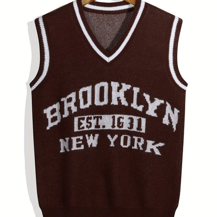 Brown V-Neck Knitted Vest with Eye-Catching "Brooklyn" Letter Jacquard and White Trim