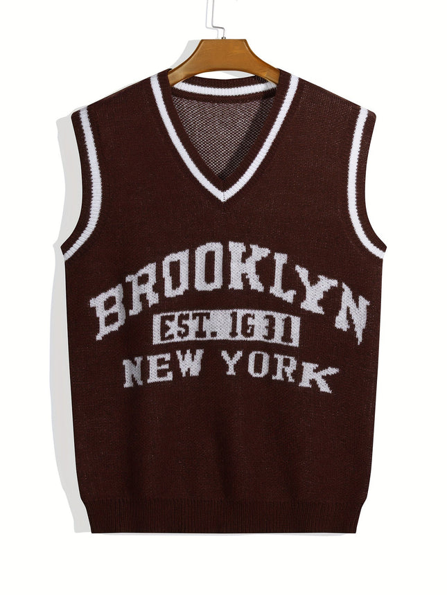 Brown V-Neck Knitted Vest with Eye-Catching "Brooklyn" Letter Jacquard and White Trim