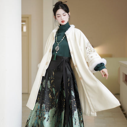New Chinese Ming Han clothing suit 2024 Spring stand collar two-way shirt top green feather woven gold makeup flower vest skirt