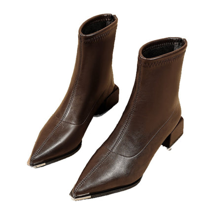 Pointed Toe Short Boots for Women with Back Zipper, Elegant Nude Boots, Thick Heels, 2025 Autumn and Winter New Style French Leather Boots, High Heels and Slim Boots