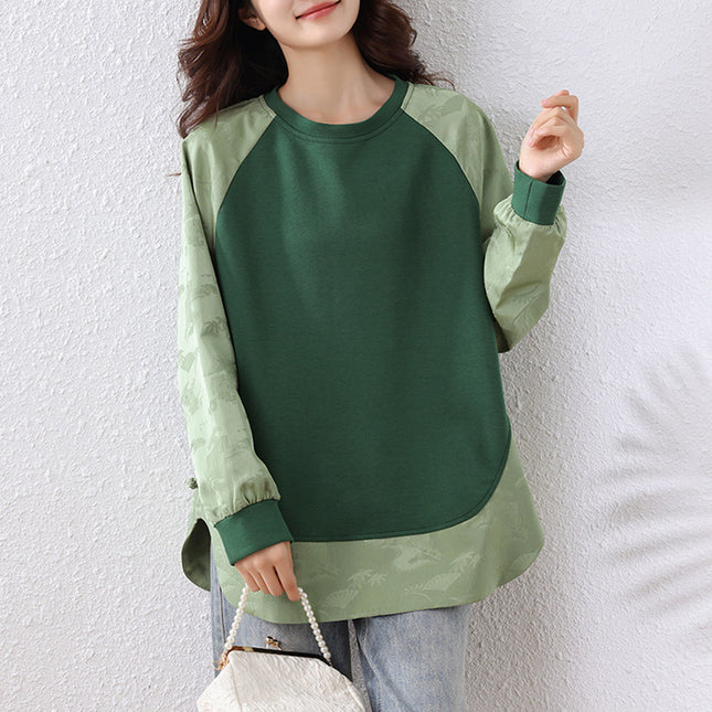 Real Shot of Green New Chinoiserie Jacquard Thin Sweatshirt for Women Spring and Autum Loose Large Size Fat mm Women's Splicing Top