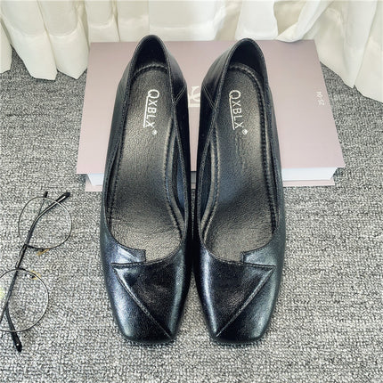 Work Shoes Women's Square Head Black Professional Work Interview Thick Heeled Middle Heeled Stewardess Flat Single Shoes Women