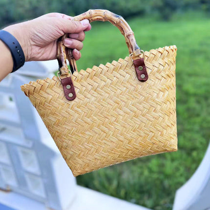 Purely Handmade Bamboo Woven Bag 2026 New Style Woven Bag French-Style Hand-Held Straw Woven Colorful Bag Vegetable Basket Gift Bag