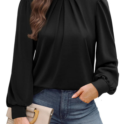 European and American Amazon Cross-Border Autumn and Winter New Long-Sleeved Shirt Small Stand-Up Collar Pleated Front Shirt Casual T-Shirt Top for Women