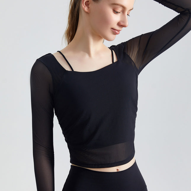 Weiman Sports Yoga Clothing Top with Chest Pad, Slim Fit Outer Wear, Running Fitness Mesh Breathable Long-Sleeved Fitness Clothing