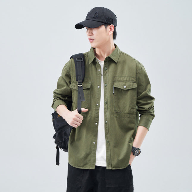 Heavy Wash Cotton Japanese Style Vintage Trendy Brand Loose Casual Shirt Jacket Army Green dark gray Jujube