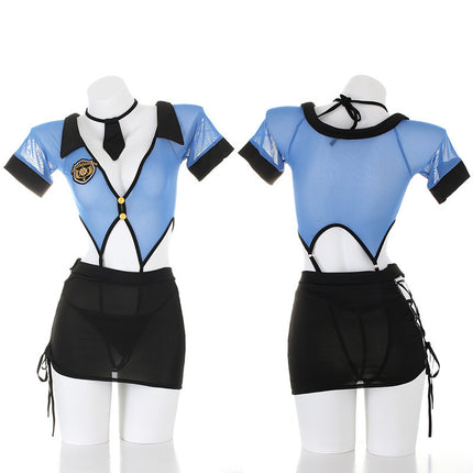 Policewoman Uniform Cos One-Piece Suit Sexy Cut Out Strap Sexy Intimates Secretary Hip Skirt Hot See-Through V Neck