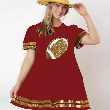 2024 New Cross-border European and American Women's Clothing Amazon Game Day Rugby Sequins Decorative Short-sleeved dress Women