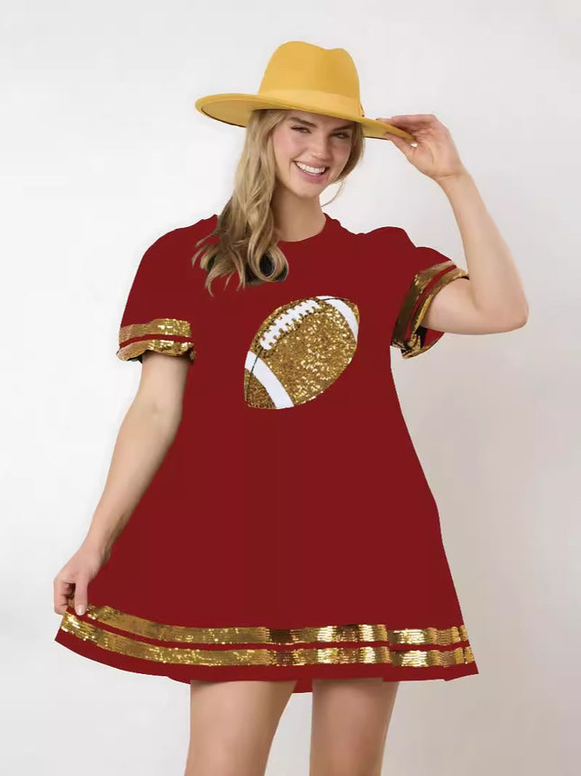 2024 New Cross-border European and American Women's Clothing Amazon Game Day Rugby Sequins Decorative Short-sleeved dress Women