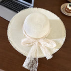 Large brim raw edge lace pearls-milk white / M（56-58cm）