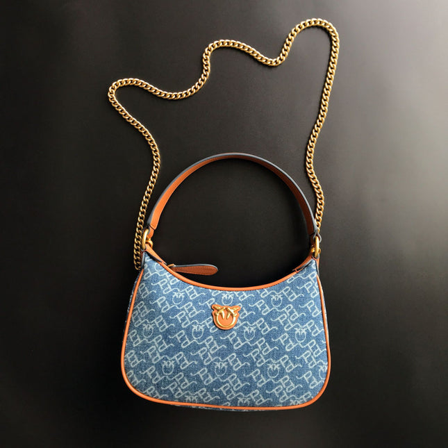 New Pinko Same Style Denim Denim Genuine Leather Swallow Bag Armpit Puff Mini Pillow Bag Chain Women's Bag