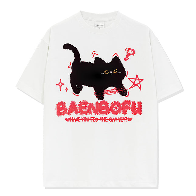Casual Cat Print Heavyweight 250g Loose Short-Sleeved Washed Cotton Vintage Round Neck Trendy Brand Insins Style