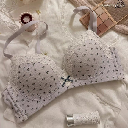 Strawberry Mochi ~ Gentle and Pure Desire Girl Lace Floral Underwear Women's Small Breast Push-Up Wireless Bra Set