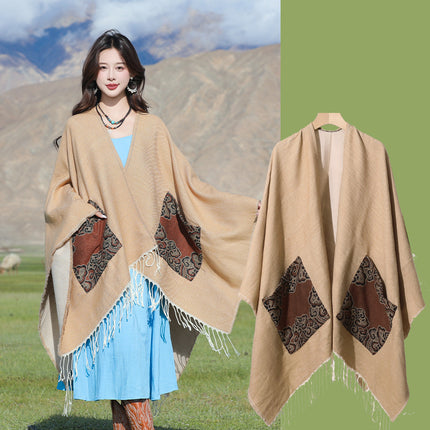 Xinjiang Xizang Travel Photo Split Pocket Ethnic Scarf Women's Dual-use Warm Outer Cape Cape Shawl