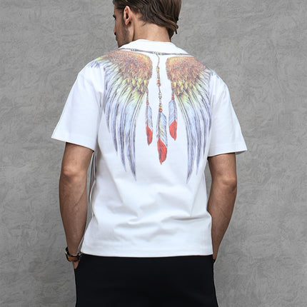Eagle Feather Indian Element Heavy Trendy Brand Digital Printing Hot Drilling Wide Short-sleeved T-shirt Fat Plus Size
