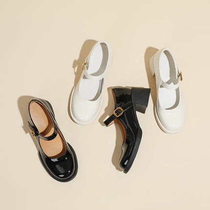Thick-Heeled Shallow Leather Shoes, Small High-Heeled Shoes, Mary Jane Shoes for Women, Spring & Fall Skirts, Single Shoes, Ladylike Leather Shoes