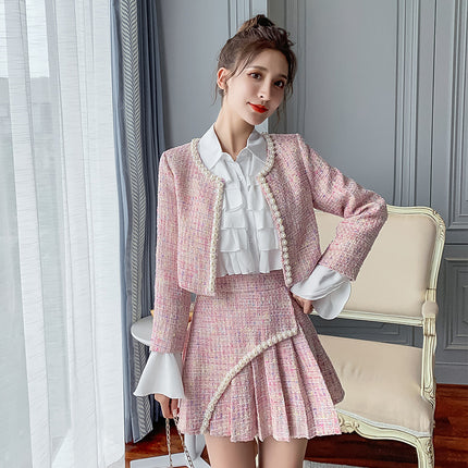New Tweed Jacket with a Chanel-Inspired Style, Pleated High-Waisted Skirt, and Shirt Three-Piece Set with a High-End Feel for Winter