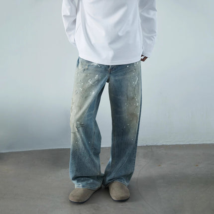 JIAMU Retro American Style High Street Baggy Style Unisex Wide Leg Dirty Spray Ink Old Design Jeans