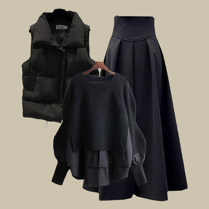 Autumn and Winter Outfits for Women 2025 New Large Size Loose Fake Two-Piece Sweater Versatile Vest Slimming Look Skirt Three-Piece Set