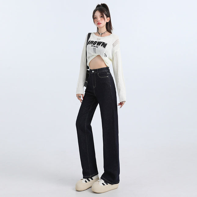 Korean-style Casual Tannin Blue High-waist Straight Pants 2025 Spring New All-match Stretch Slim-fit Jeans for Women