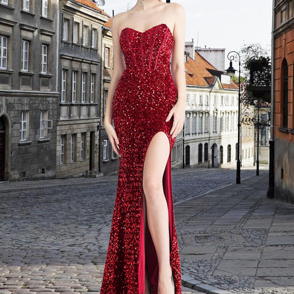 2025 spring cross-border foreign trade new magic color beads back twine bra side split tube fish bone evening dress