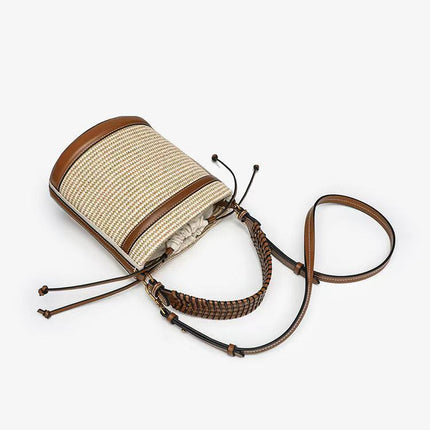 Zr Women's Bag 2025 New Color-Blocked Straw Shoulder Crossbody Bag Beach Outing Handbag Woven Bucket Bag Versatile
