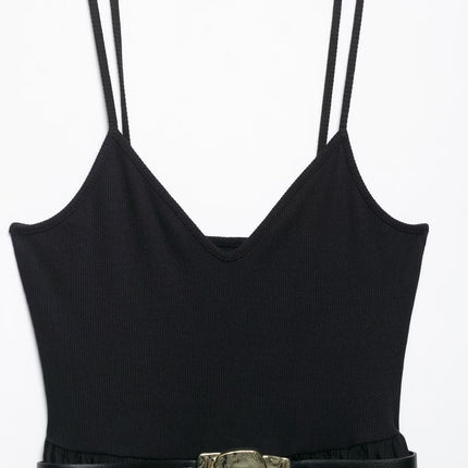 Za Export Women's Clothing 2025 New Summer Style French High-End Elegant Waist with Belt Sleeveless Black Dress