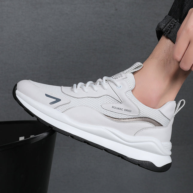 Genuine Leather Sports Shoes for Men, Summer Mesh Breathable White Sneakers, Versatile Thick-Soled Dad Shoes 1663 with Breathable Mesh