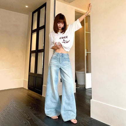 2025 Spring New Loose Denim Long Pants for Women Washed Design Straight Wide-Leg Floor-Length Pants